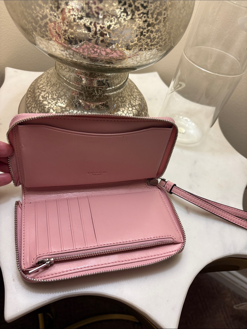 Coach Brown Signature Zip Wallet with Pink Trim - Picture 4 of 5